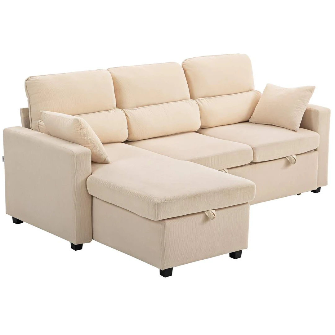 Kampinė sofa-lova, Dvipusė, Su daiktadėže, Smėlio, 205 × 76 × 135 cm - Minkšti kampai