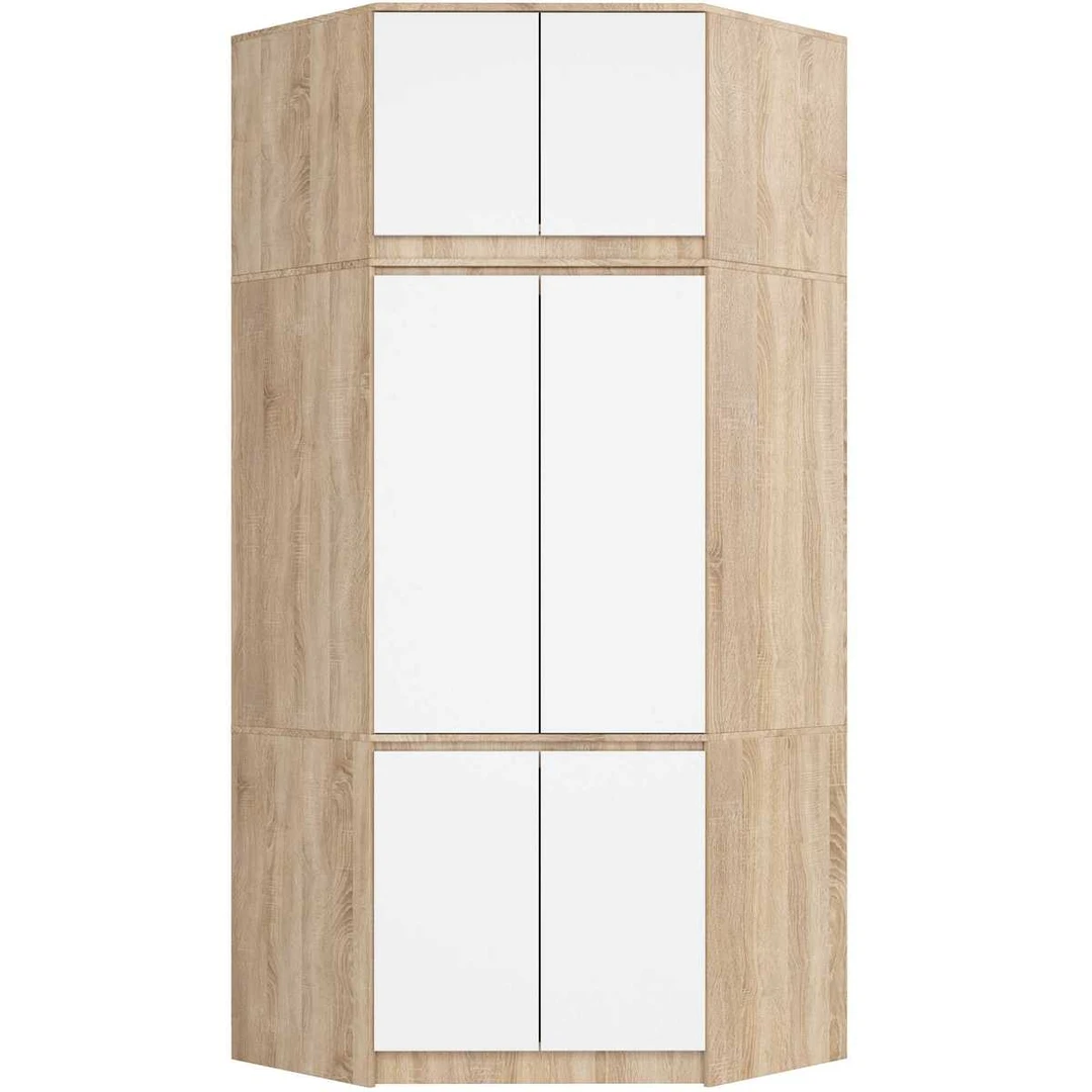 Kampinė spinta S100, su antstatu, 6 durimis, rudos/baltos spalvos, 100 × 235 × 50 cm - Spintos, spintelės