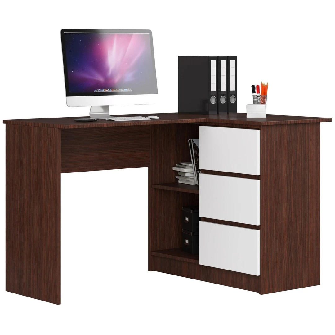 Modernus kampinis stalas tamsiai rudas su baltais stalčiais