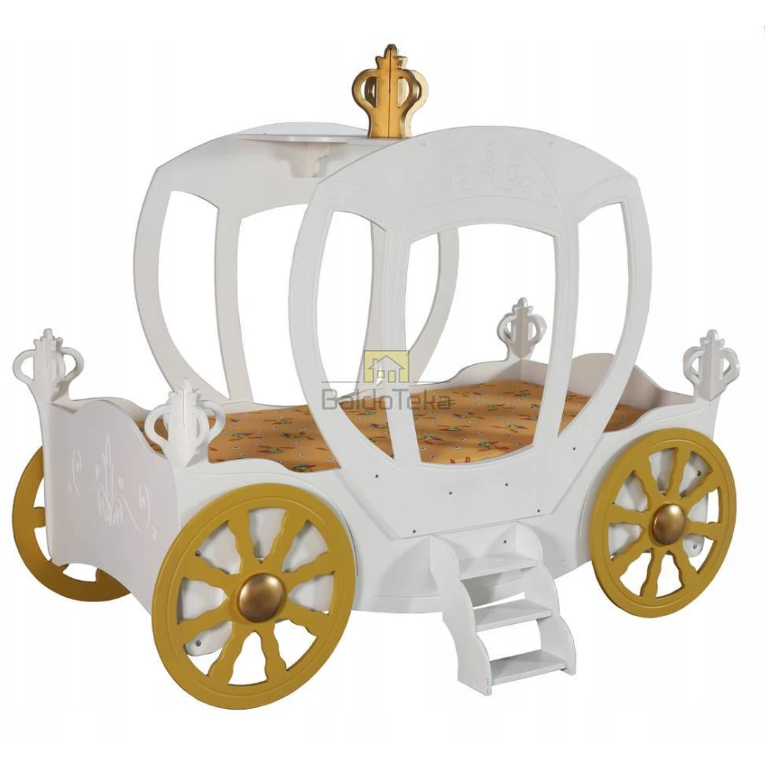 Balta medinė lova su grotelėmis ir čiužiniu