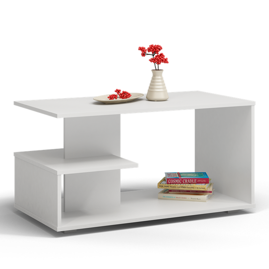 Modernus baltas staliukas su erdvia lentyna