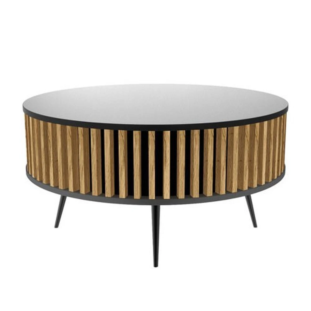 Apvalus kavos staliukas su medžio drožlių plokšte ir medienos kojomis