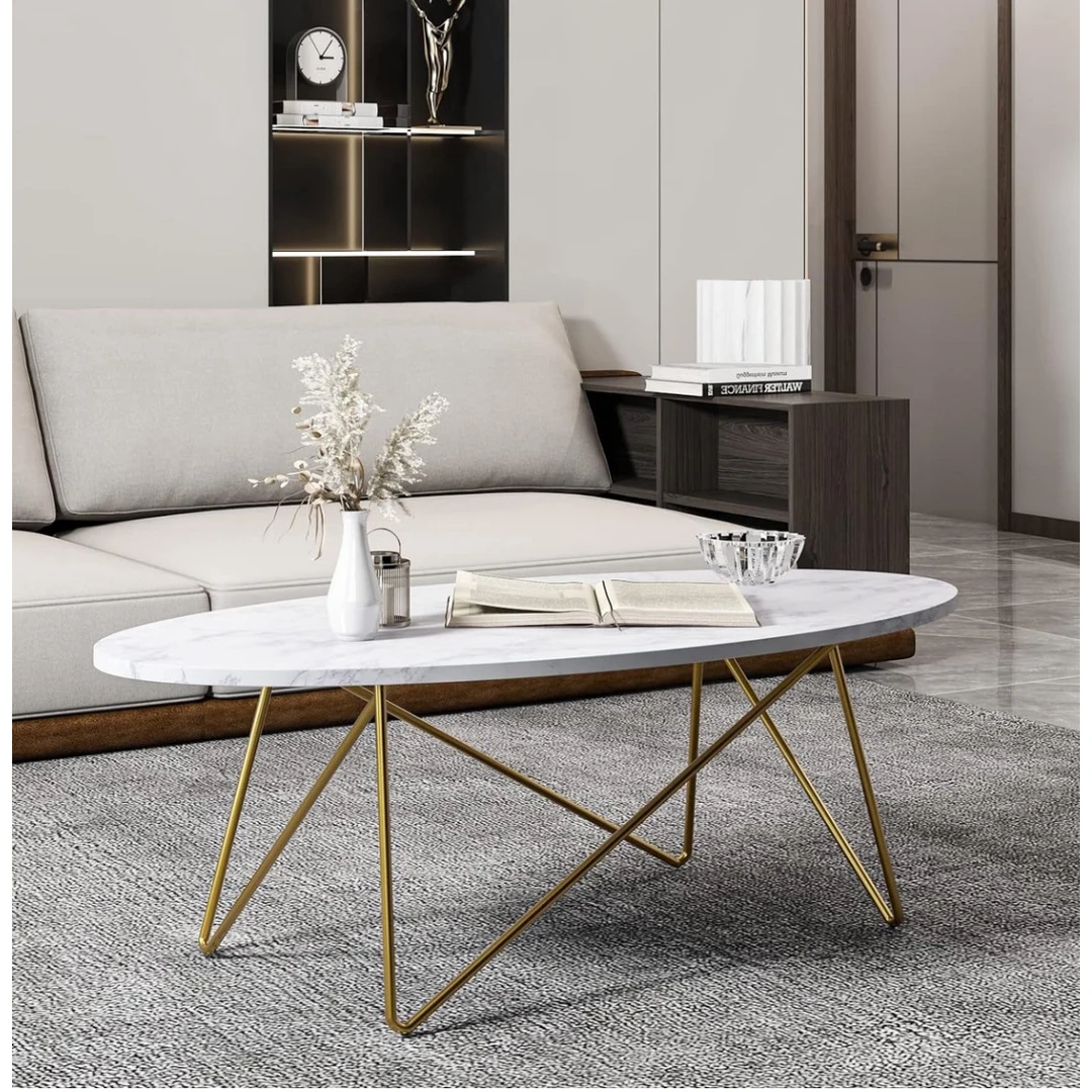 Elegantiškas ovalus kavos staliukas su marmurine išvaizda
