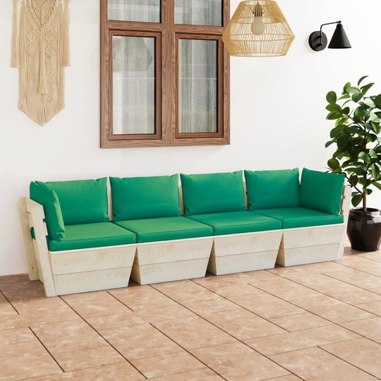 Keturvietė sodo sofa iš palečių su pagalvėmis, eglės mediena - Foteliai, sofos