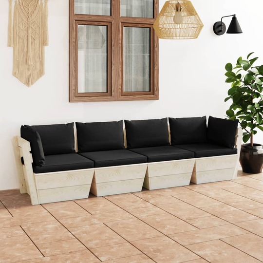 Keturvietė sodo sofa, iš palečių, su pagalvėmis, eglės mediena - Foteliai, sofos