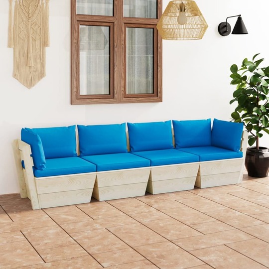 Keturvietė sodo sofa su pagalvėmis, iš palečių, eglės mediena - Foteliai, sofos