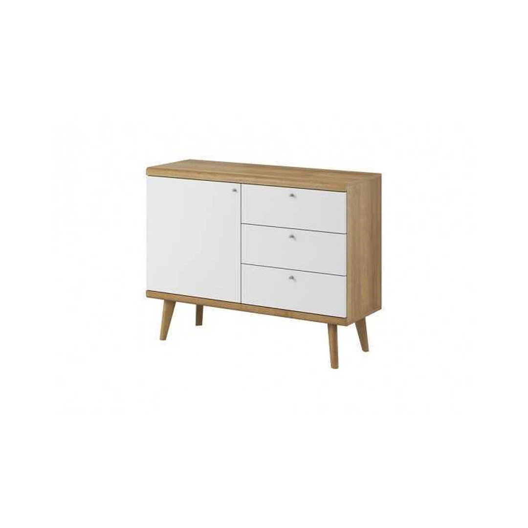 Stylinga balta komoda su ąžuolo Riviera dekoro elementais