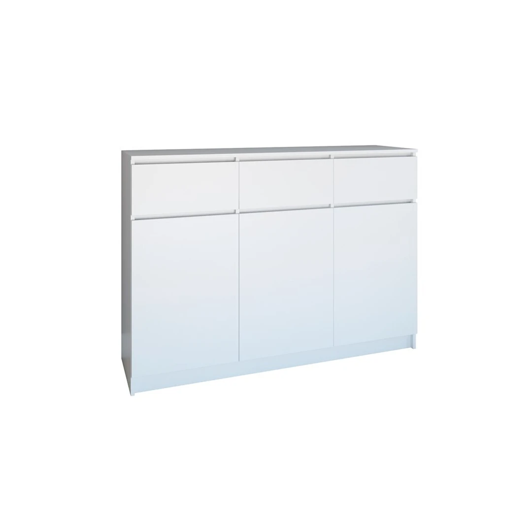 Trijų durų ir stalčių balta komoda su lentynomis