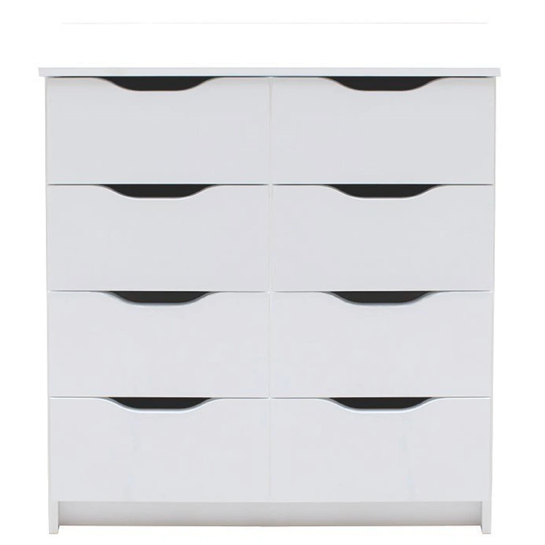8 stalčių balta matinė komoda su ABS kraštų apdaila