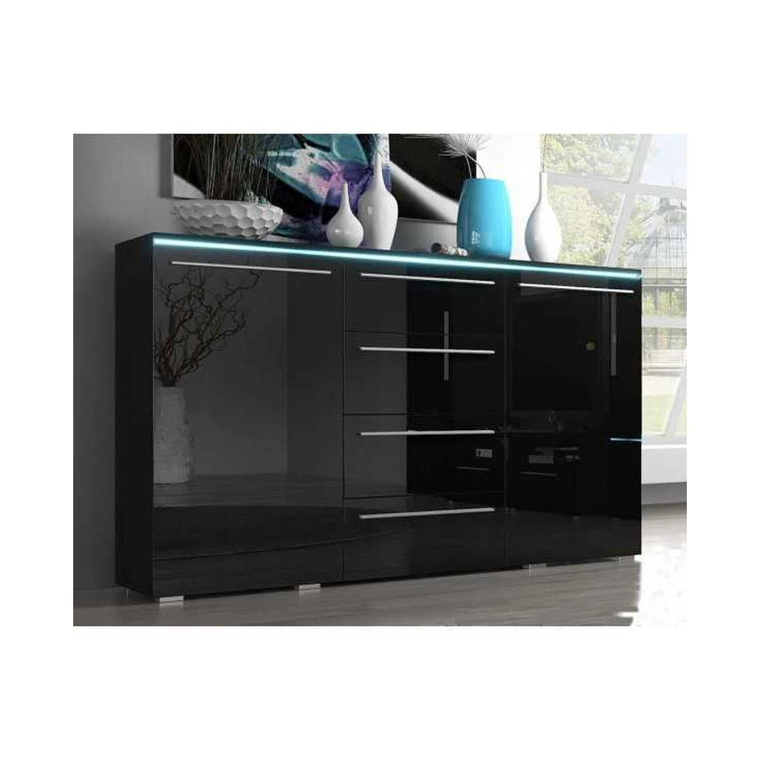 Moderni juoda blizgi komoda su 4 stalčiais ir LED apšvietimu