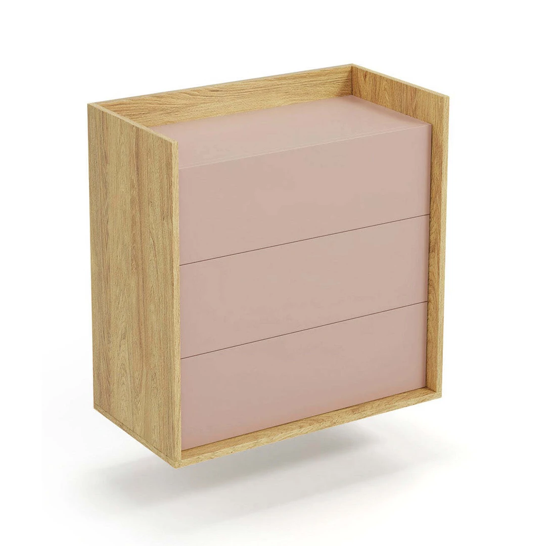 Stilinga spintelė su push-click mechanizmu, hikora ąžuolo ir rožinės spalvos
