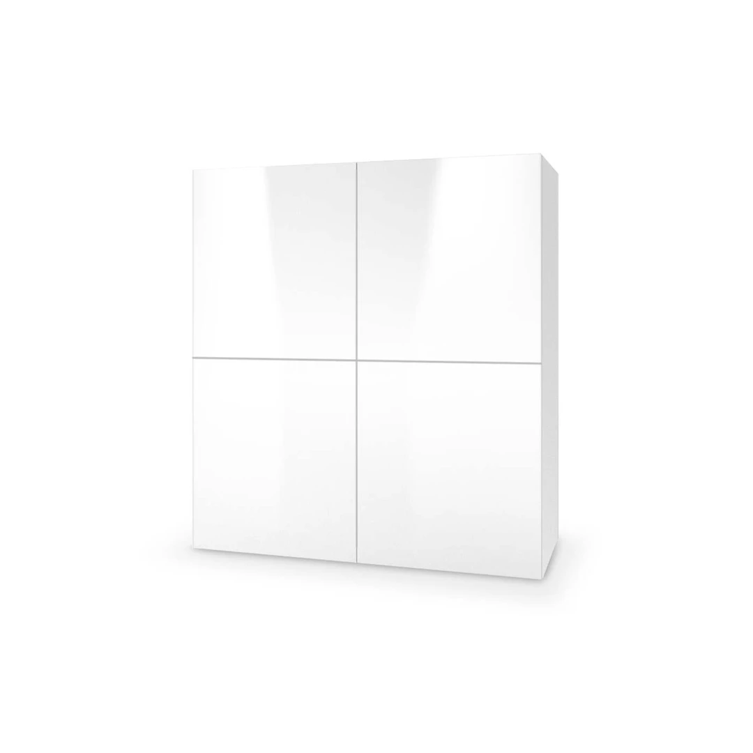 Elegantiški balti spintos stalčiai su blizgiu MDF priekiu