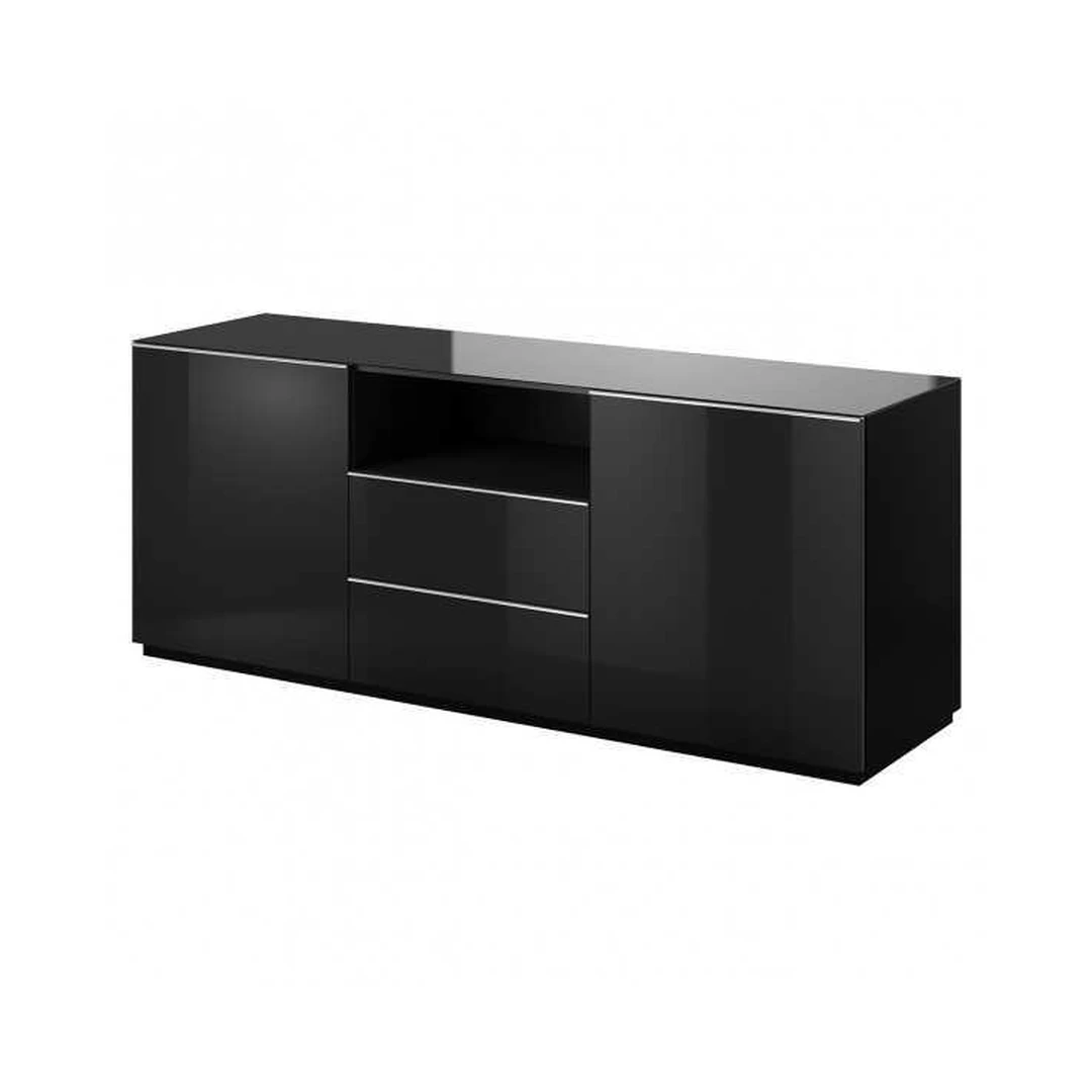 Modernus juodas TV stendas su stiklu ir LED apšvietimu