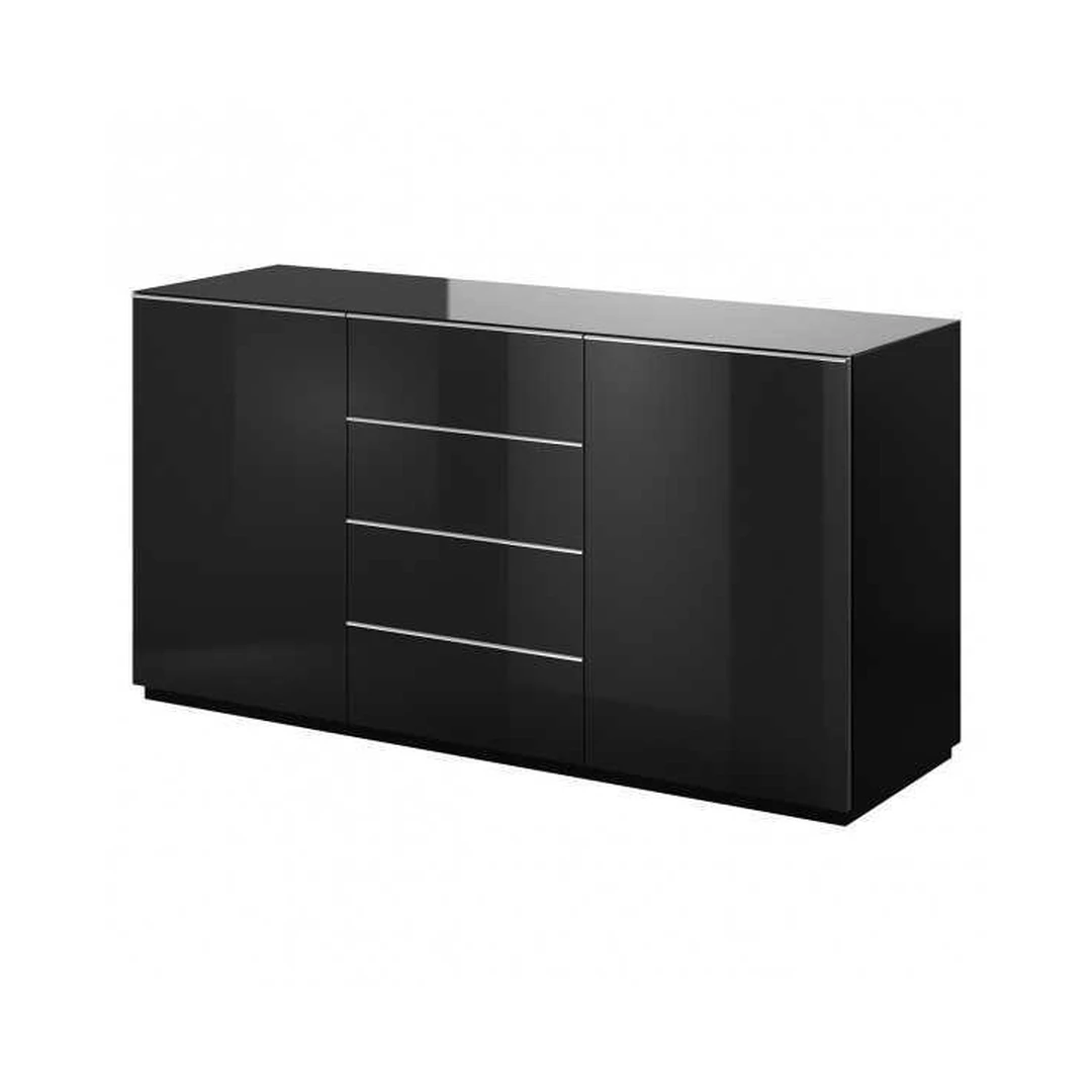 Modernus juodas stiklinis stalas su chromuotomis kojomis