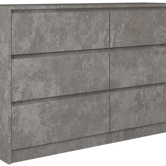Šešių stalčių pilka komoda su PVC apdaila