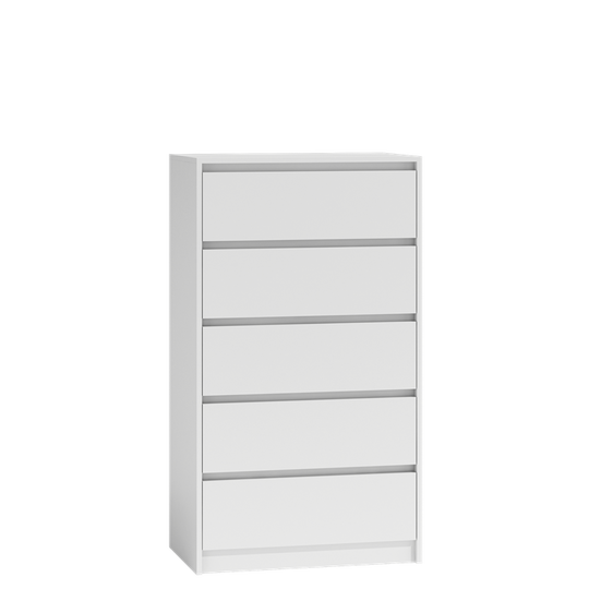 Ergonomiška 5 stalčių balta komoda su PVC apdaila