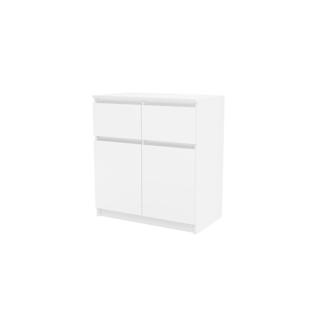 2-durų ir 2-stalčių balta komoda su tvirta konstrukcija