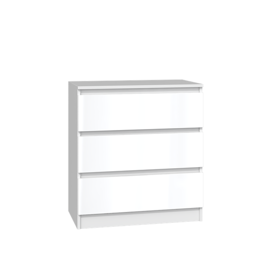 Trijų stalčių komoda su blizgia balta priekine dalimi