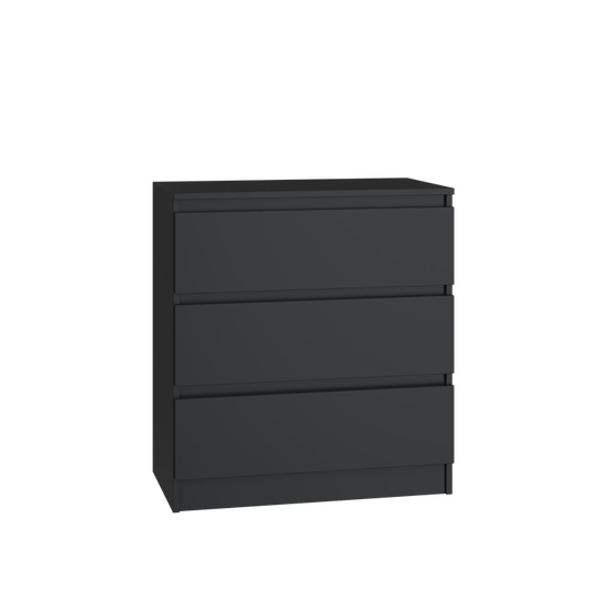 Trijų stalčių juoda komoda iš MDP su PVC apdaila