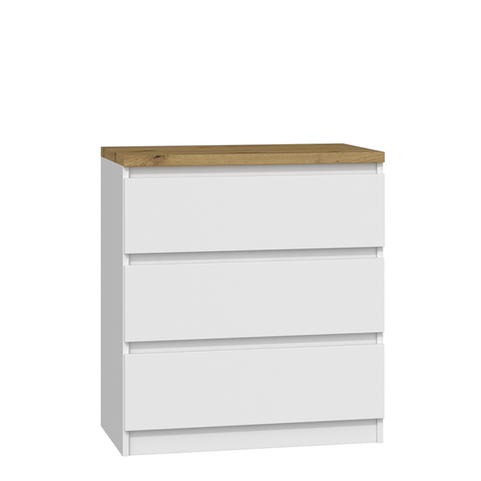 Ergonomiška trijų stalčių komoda baltu korpusu ir ruda viršūne