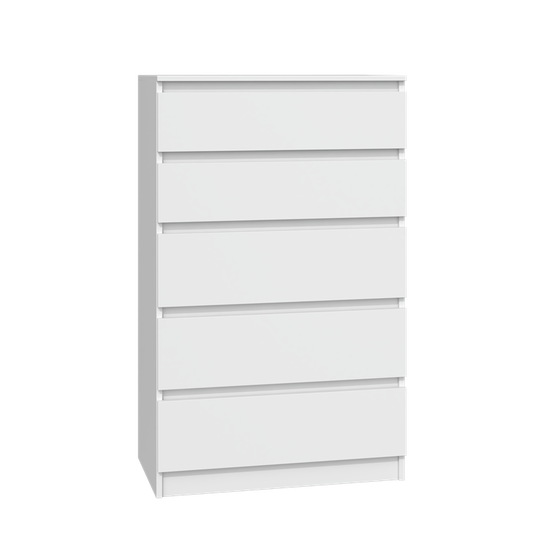 Ergonomiška 5 stalčių komoda balta spalva