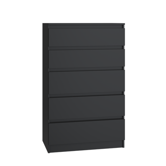 Juoda penkių stalčių komoda su PVC apdaila