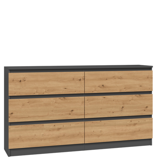 Šešių stalčių juoda/natūrali komoda, 77x138x40 cm