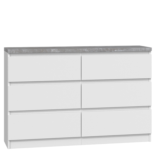 Šešių stalčių komoda balta su pilku viršumi