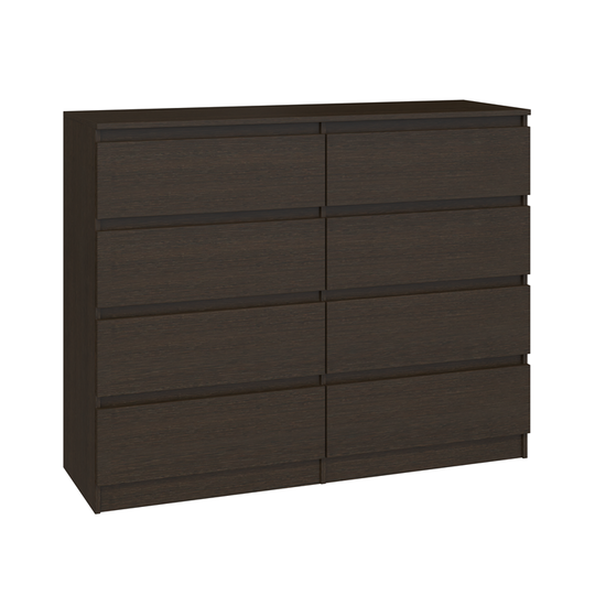 Aštuonių stalčių tamsiai ruda komoda su PVC apdaila