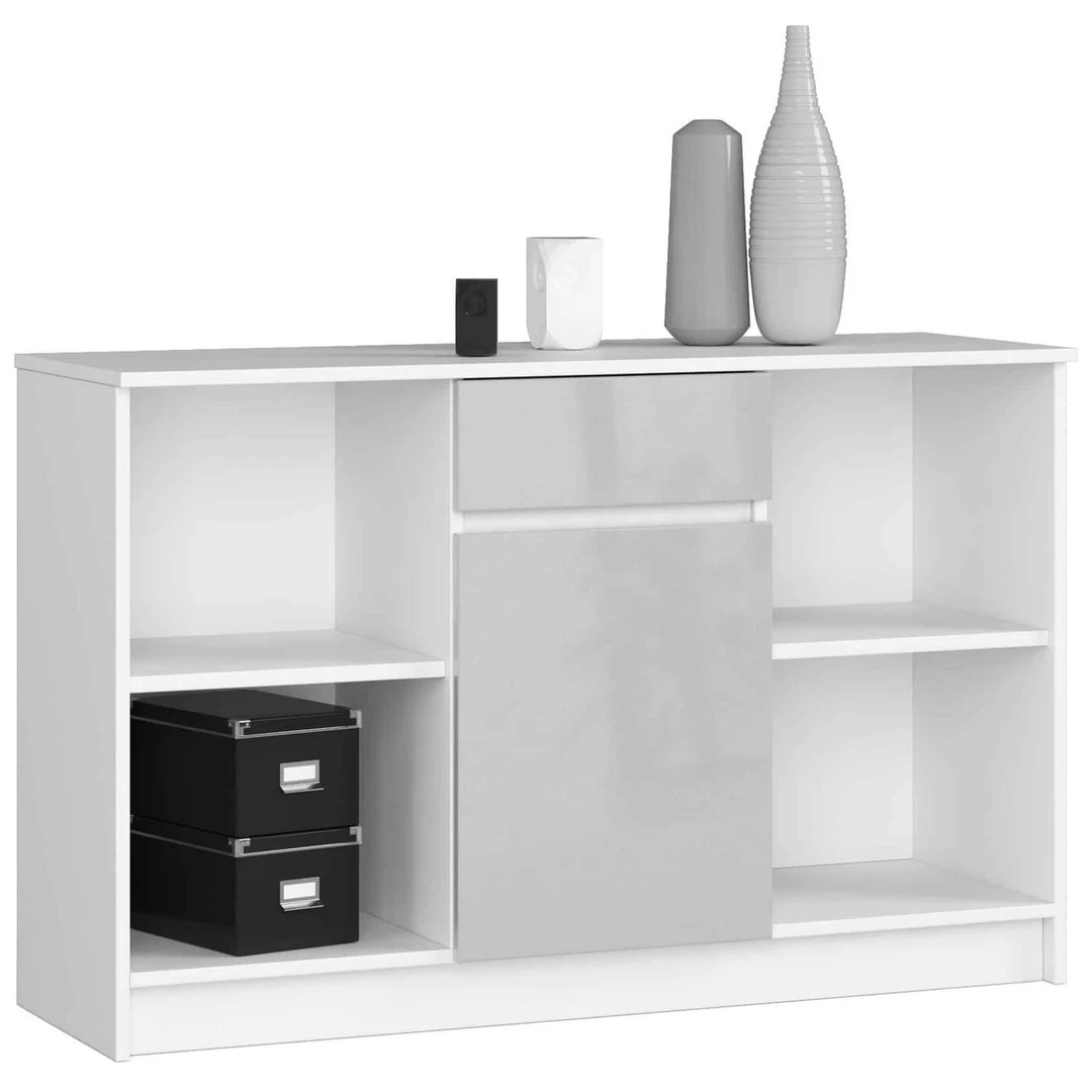 Elegantiška komoda B-17 su blizgiais metaliniais fasadais