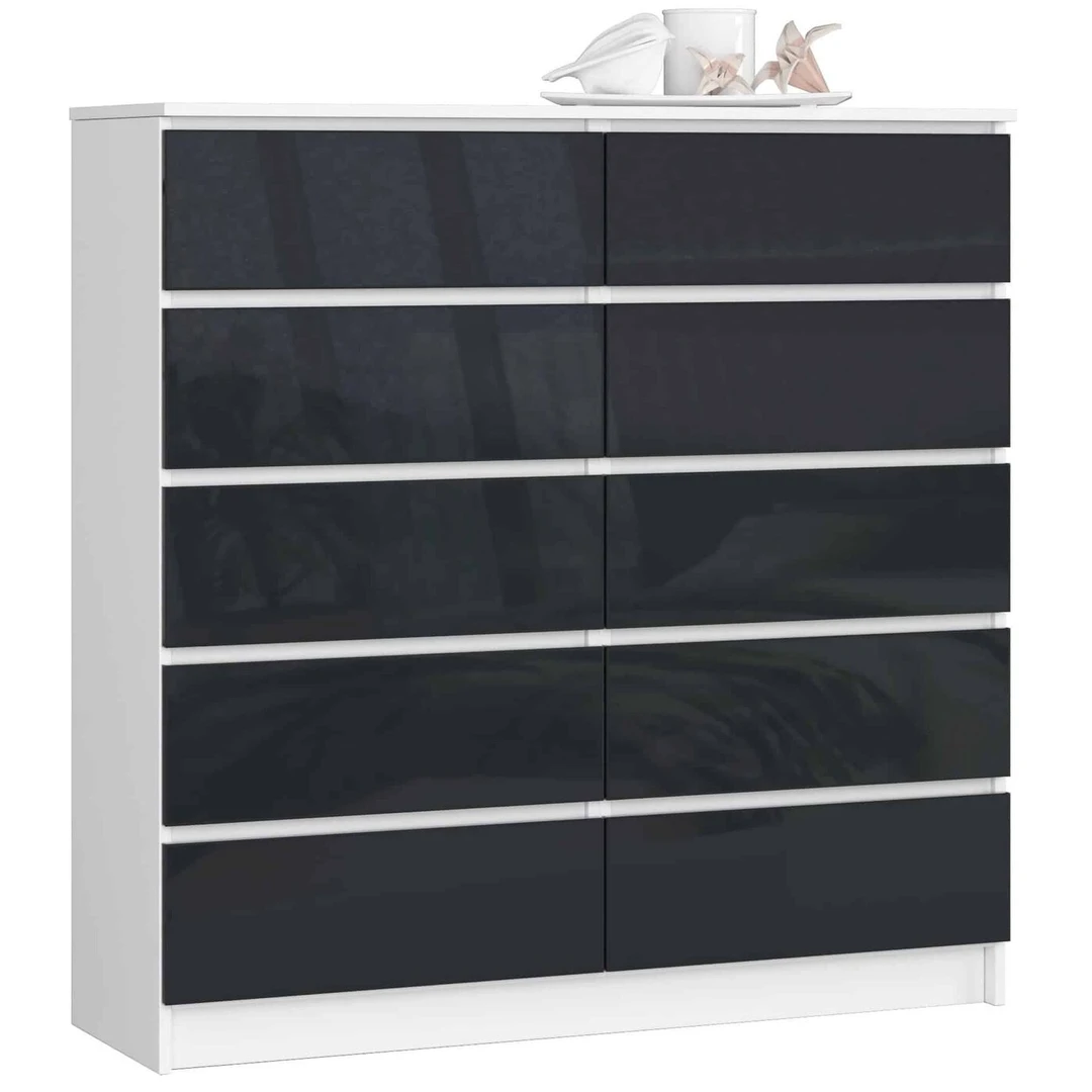 Blizganti grafito komoda su baltu korpusu – modernus sprendimas