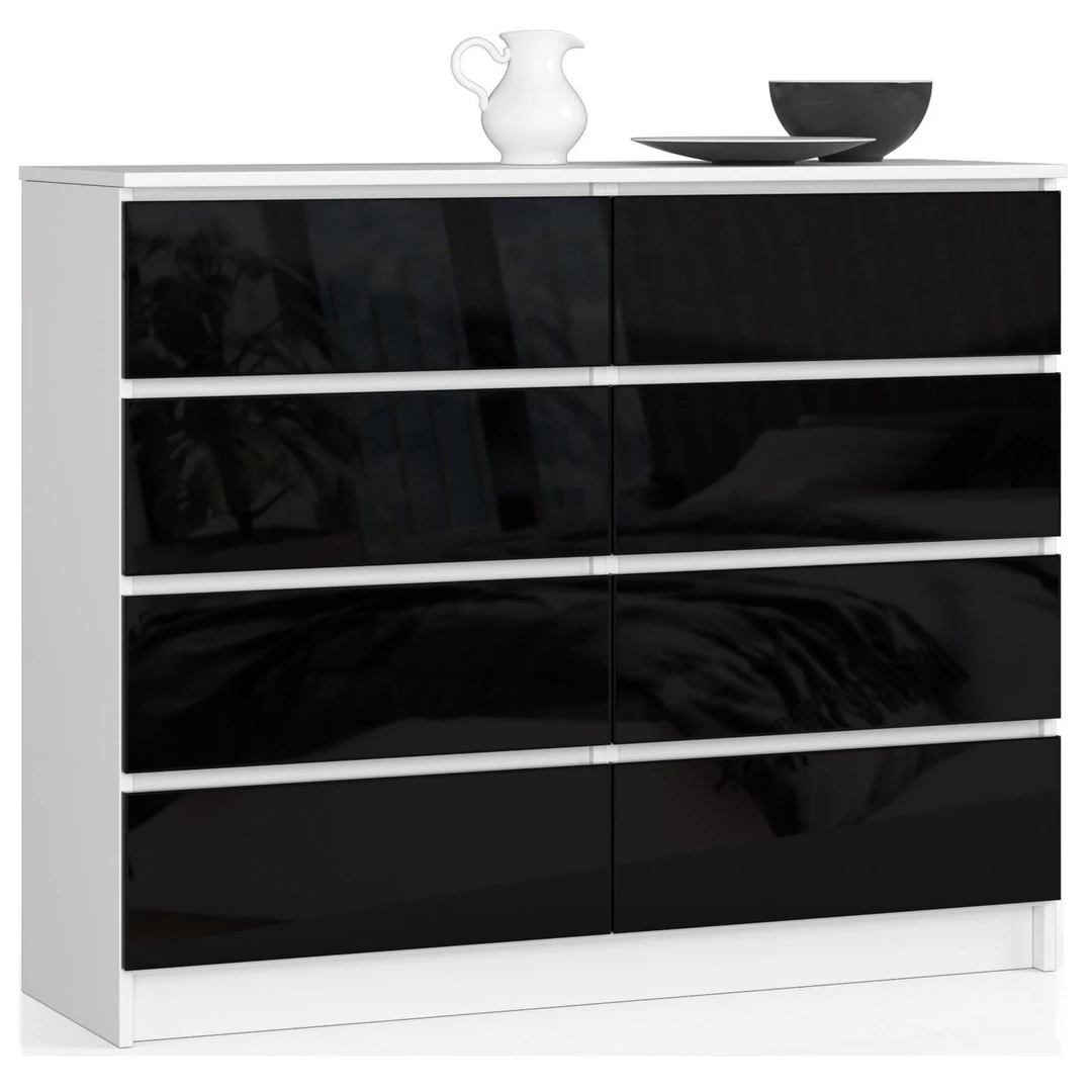 Šiuolaikinė juoda komoda su blizgiu dekoru ir patikimu surinkimu