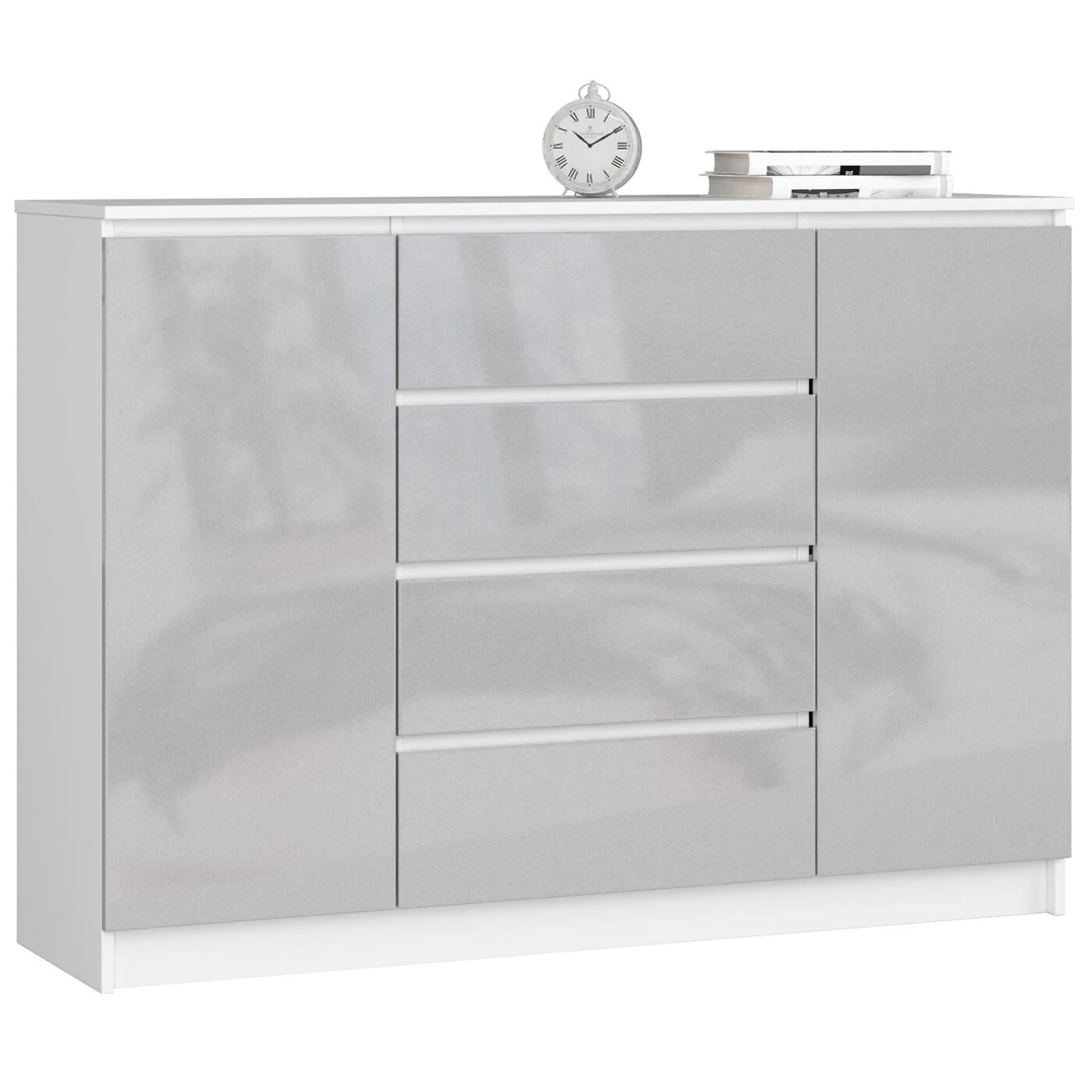 Balta metalo komoda K 140 su 2 spintelėmis ir 4 stalčiais