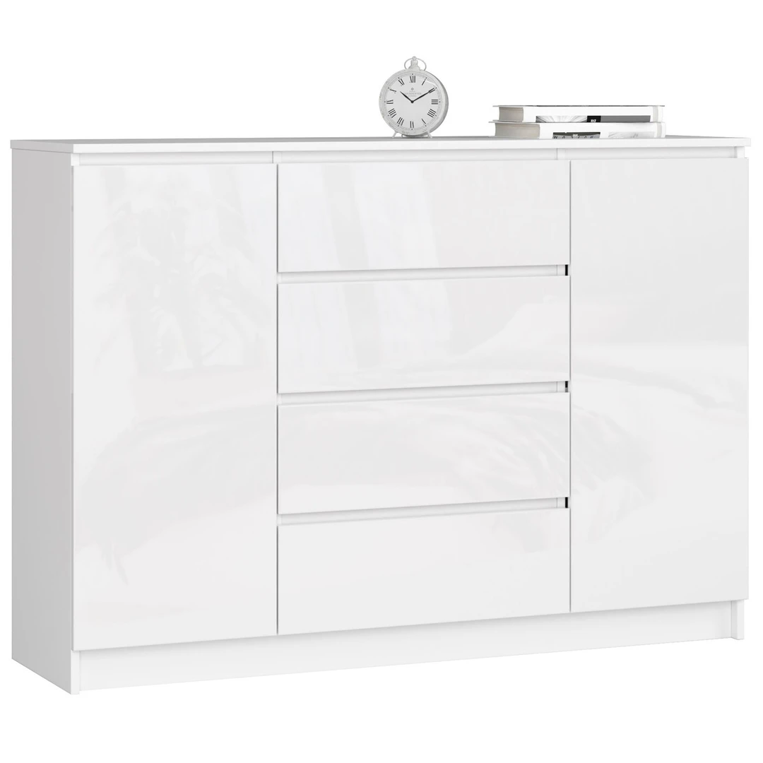 Balta komoda su blizgiais fasadais ir erdviais stalčiais