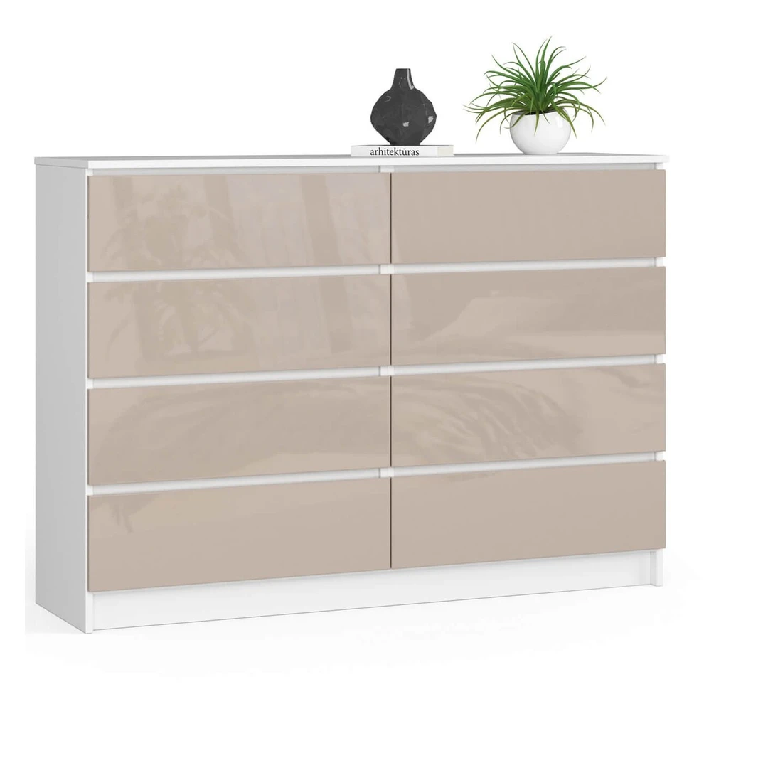 Didelė baltos ir kapučino spalvų komoda su 8 stalčiais