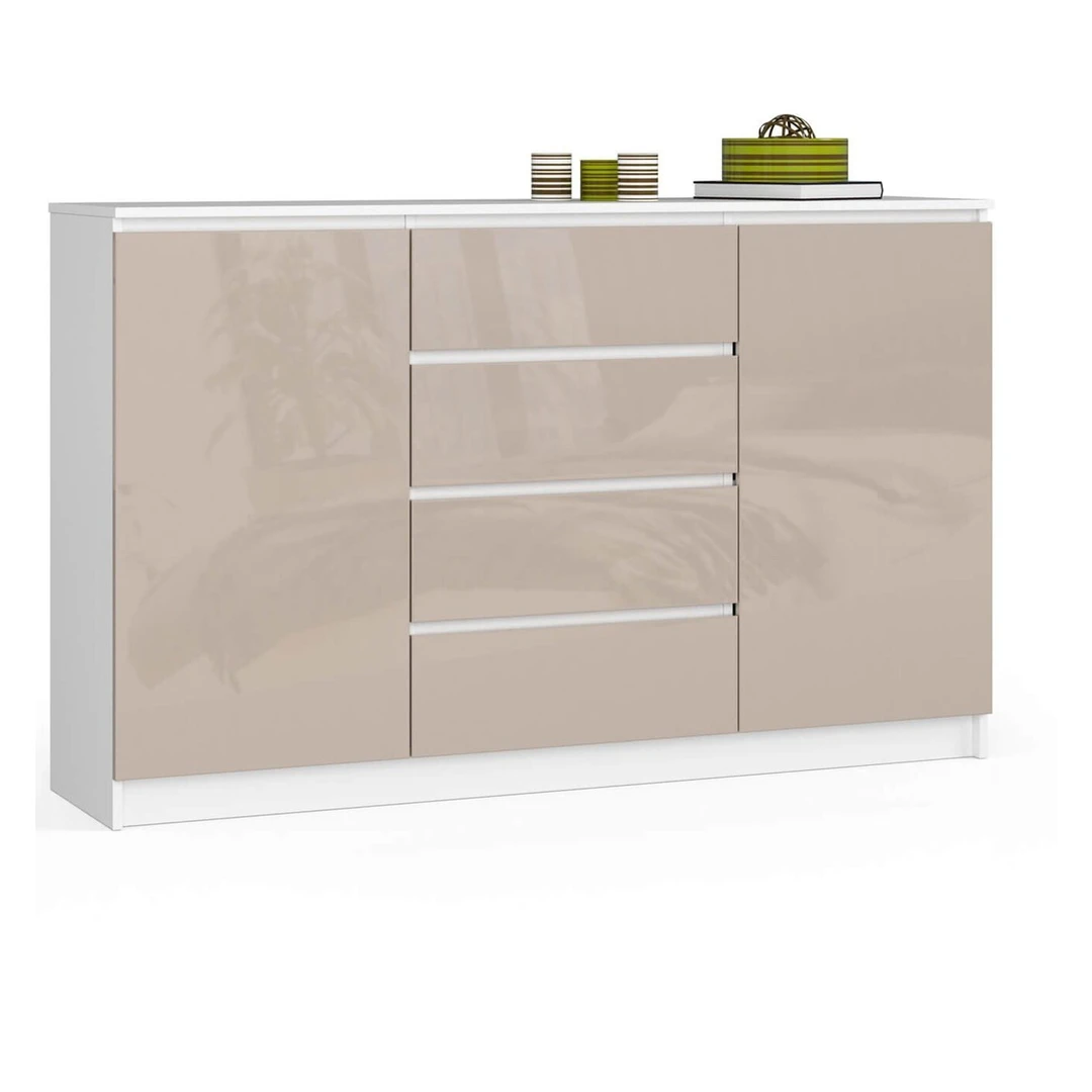 Šiuolaikinė komoda su blizgiais fasadais ir atspariu korpusu