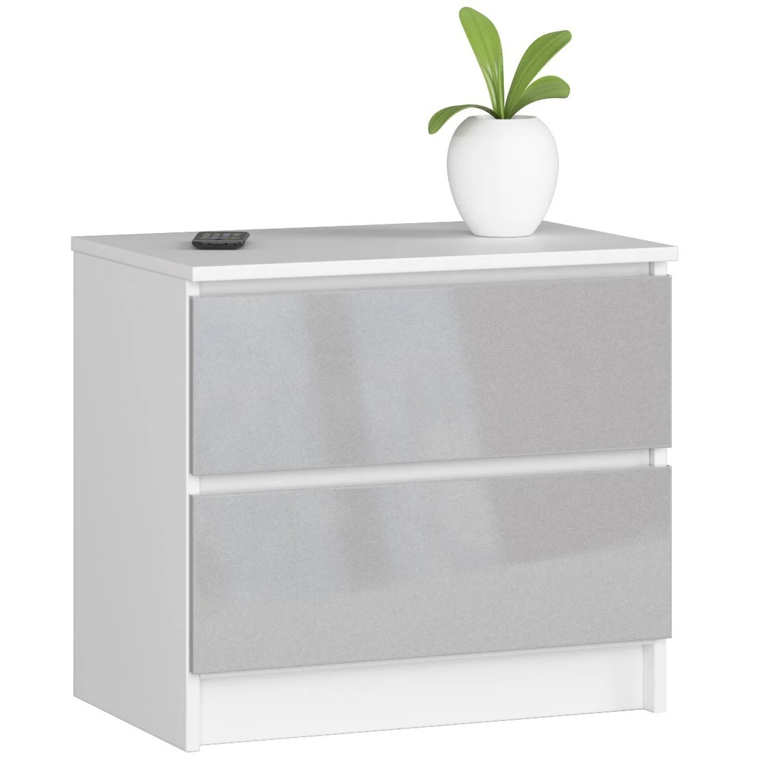 Balta laminuota komoda su blizgiu akriliniu fasadu