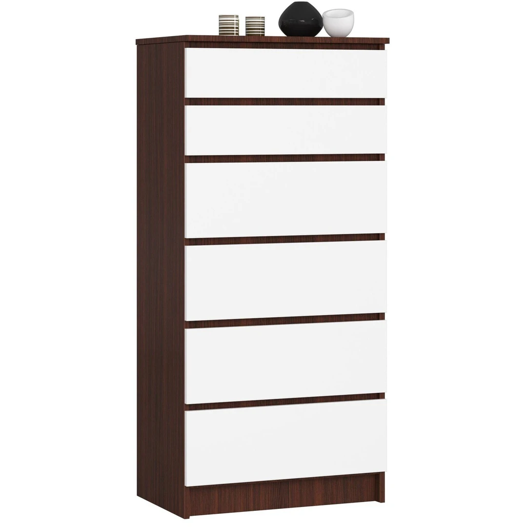 Aukšta komoda su 6 stalčiais, baltos ir venge spalvos