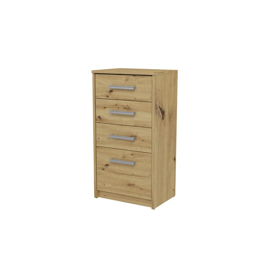 4-ų stalčių komoda su ABS kraštų apdaila ir ritininiais bėgeliais