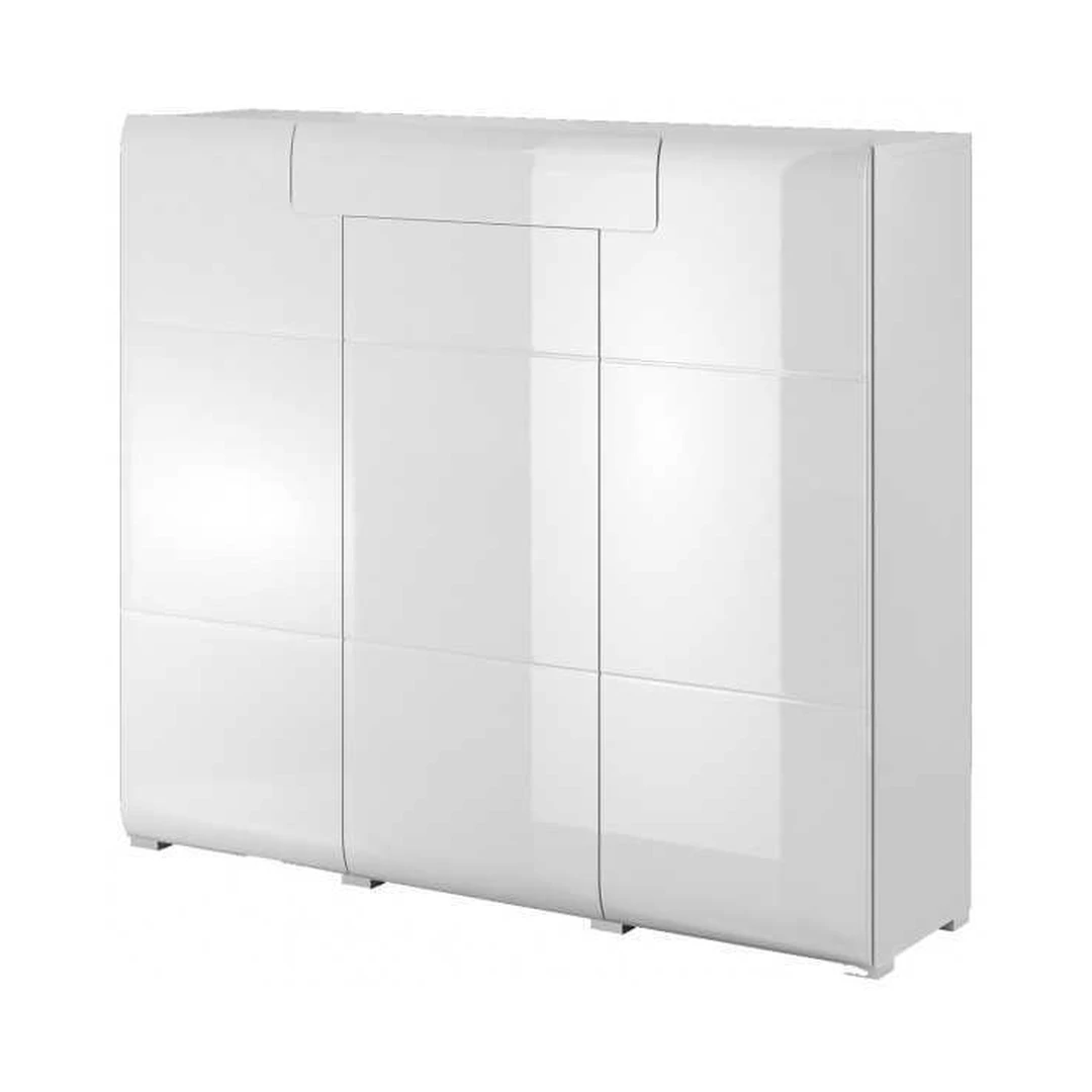 Šiuolaikiškas trijų durų spinta su atidarymu paliečiant