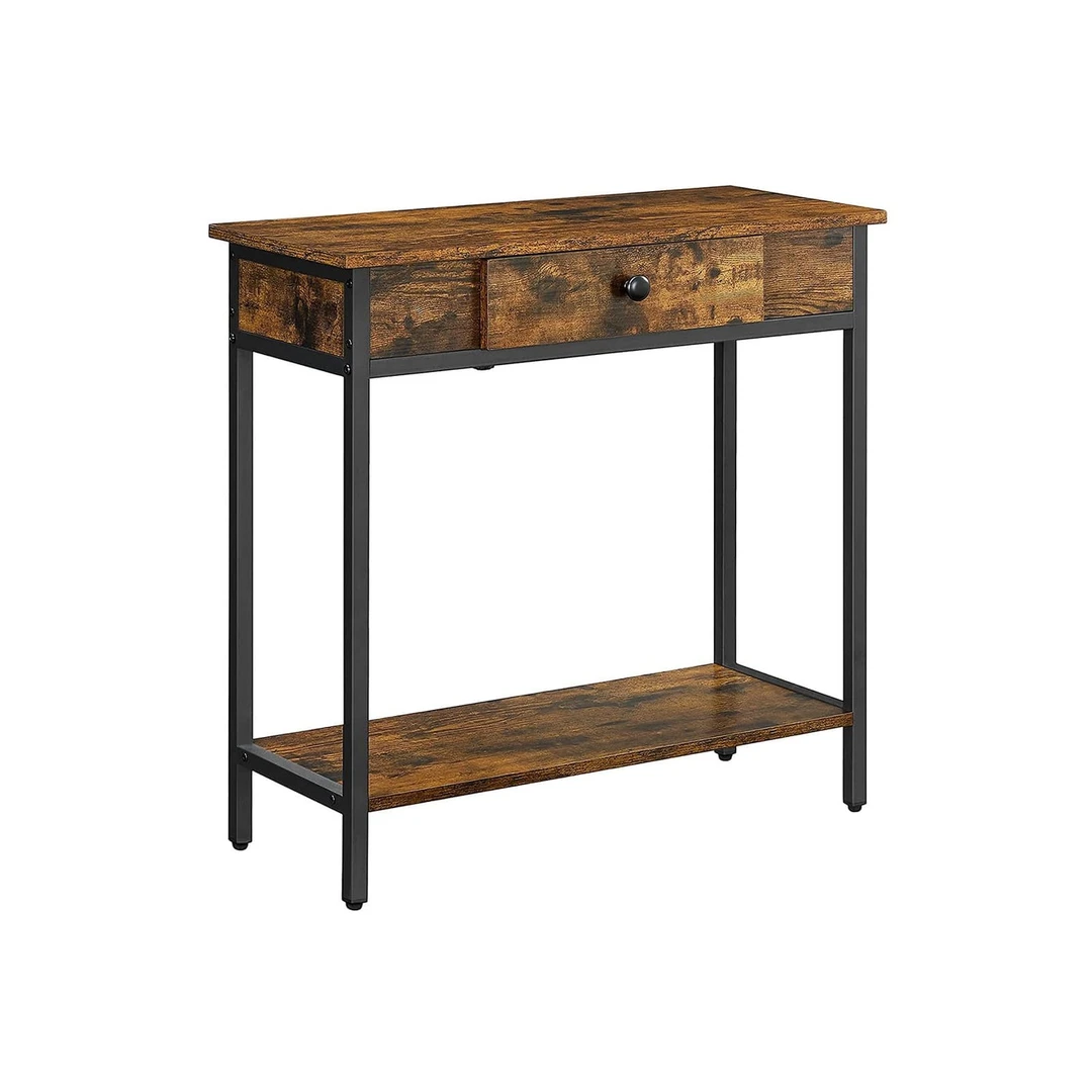 Vintažinė ruda-juoda medinė spintelė su plieno elementais