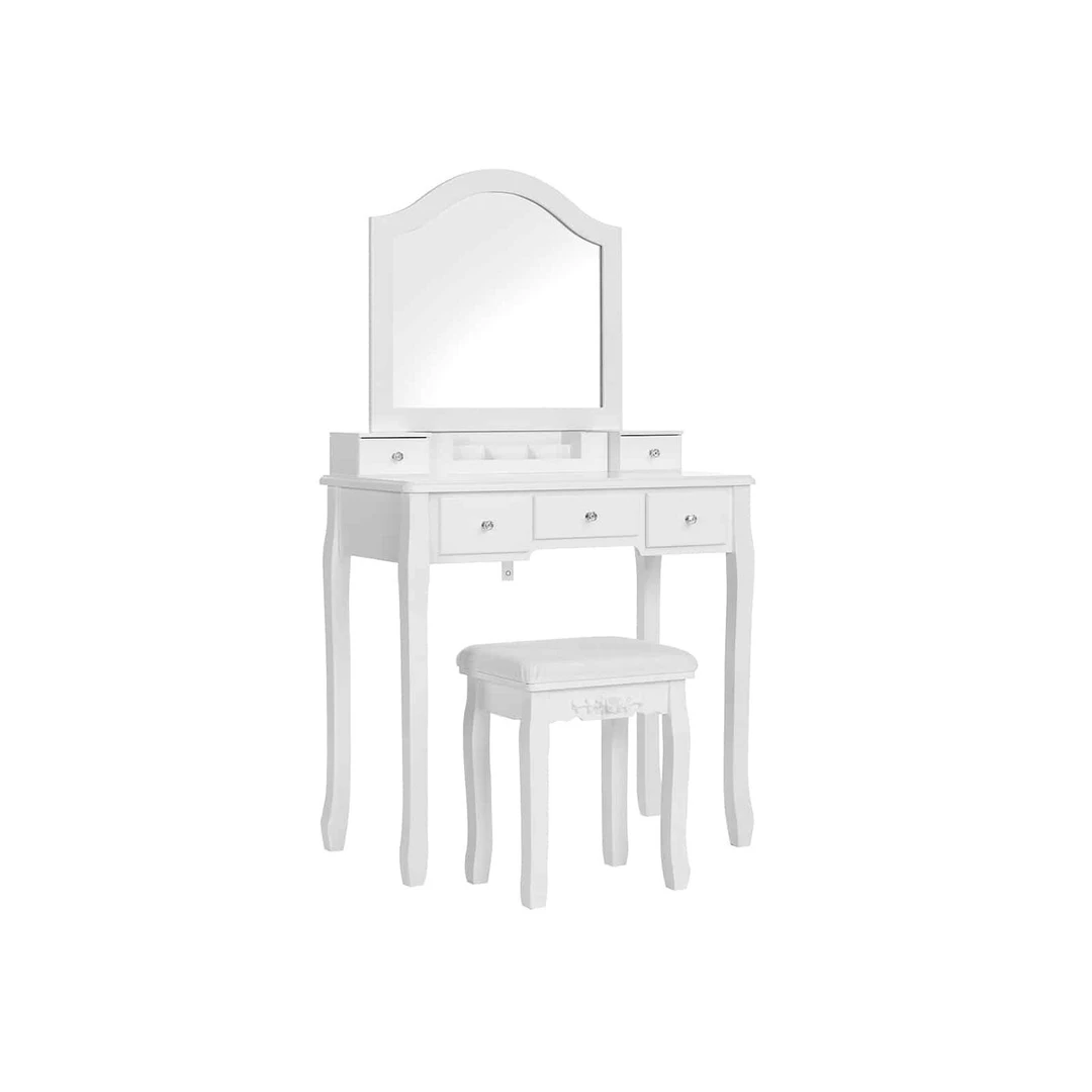 Balta tualetinis staliukas su veidrodžiu ir patogia kėde