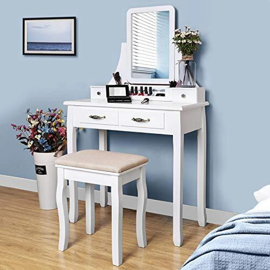 Lengvai surinkamas makiažo stalas su dideliais stalčiais