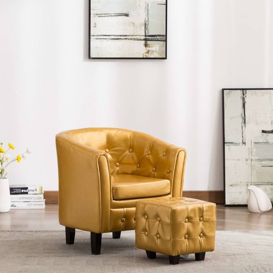 Krėslas su pakoja, auksinės spalvos, dirbtinė oda - Foteliai