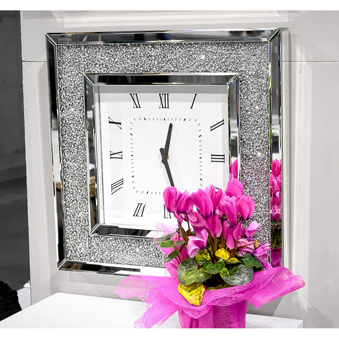 Modernus pakabinamas kvadratinis laikrodis su veidrodiniais elementais