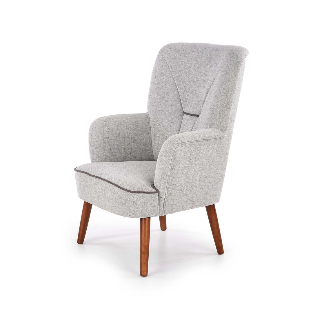 Ergonominė sofos lova su šviesiai pilku apmušalu ir riešutinėmis kojomis