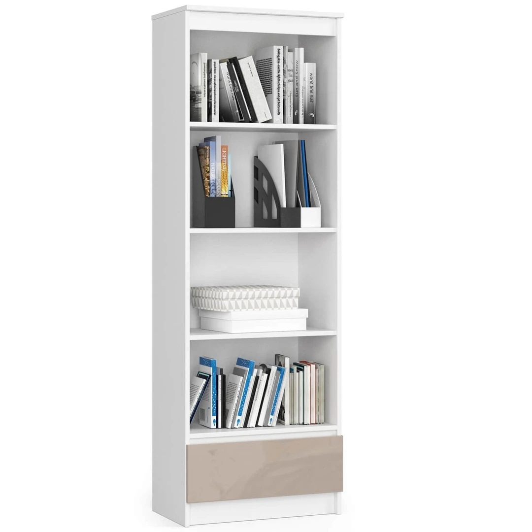 Elegantiška baltos spalvos knygų spinta su stalčiumi