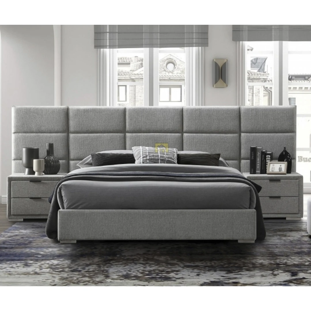 Ergonominė lova su grotelėmis, pilka gobeleno ir metalo kombinacija