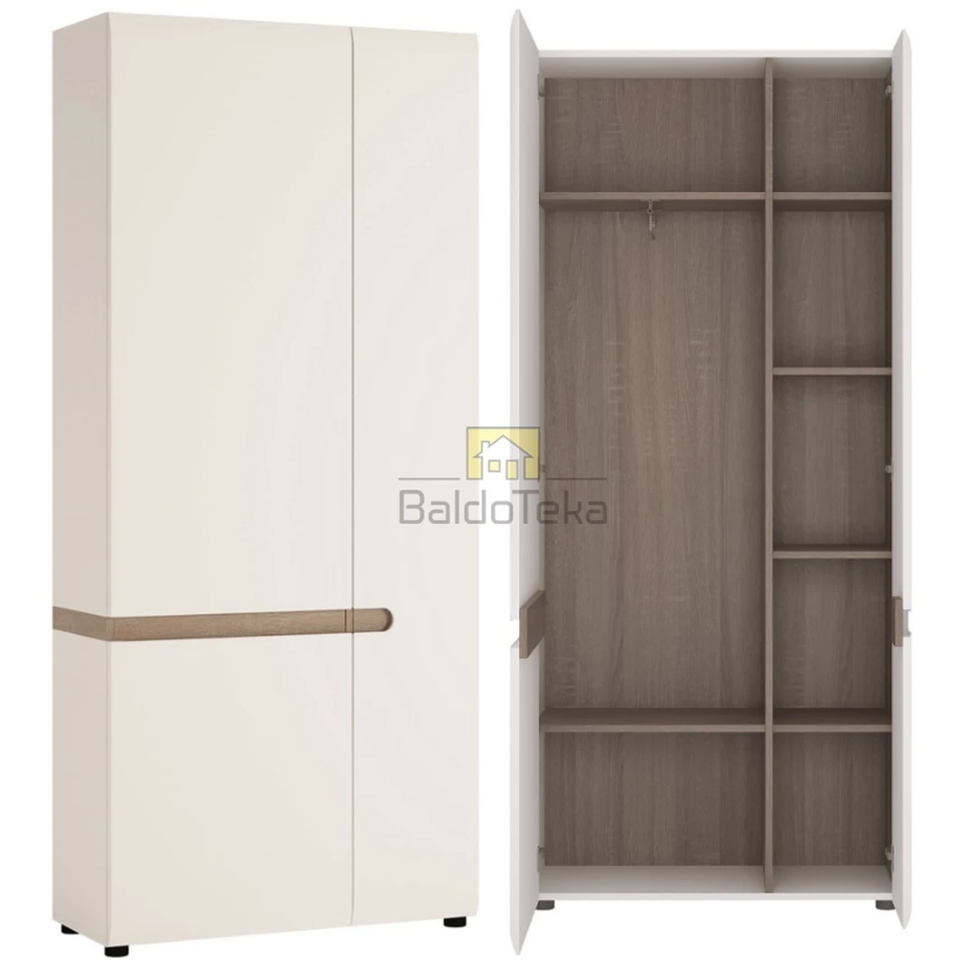 Šiuolaikiška spinta balta matinė ir blizgi su ąžuolo dekoro detalėmis