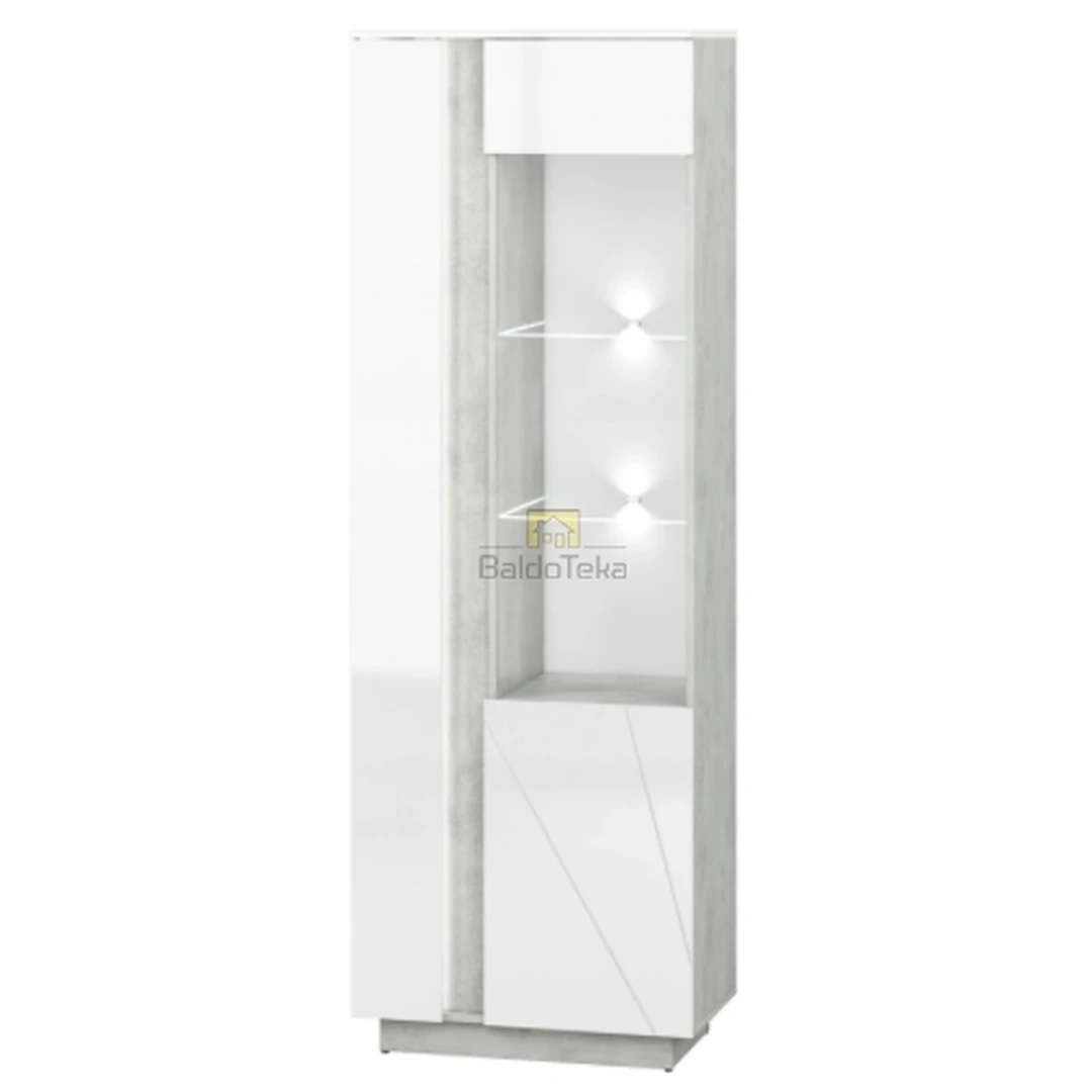 Šiuolaikiška spinta su apšvietimu, balta blizgi + pilkas betonas